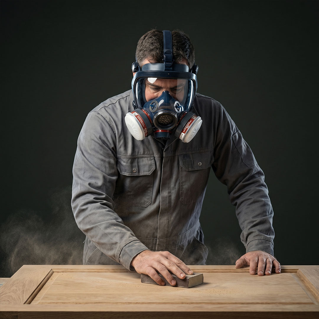 Person sanding a wooden surface wearing a dust mask against a dark background