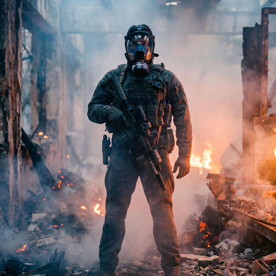 Person in tactical gear with a gas mask in a smoky, post-apocalyptic setting