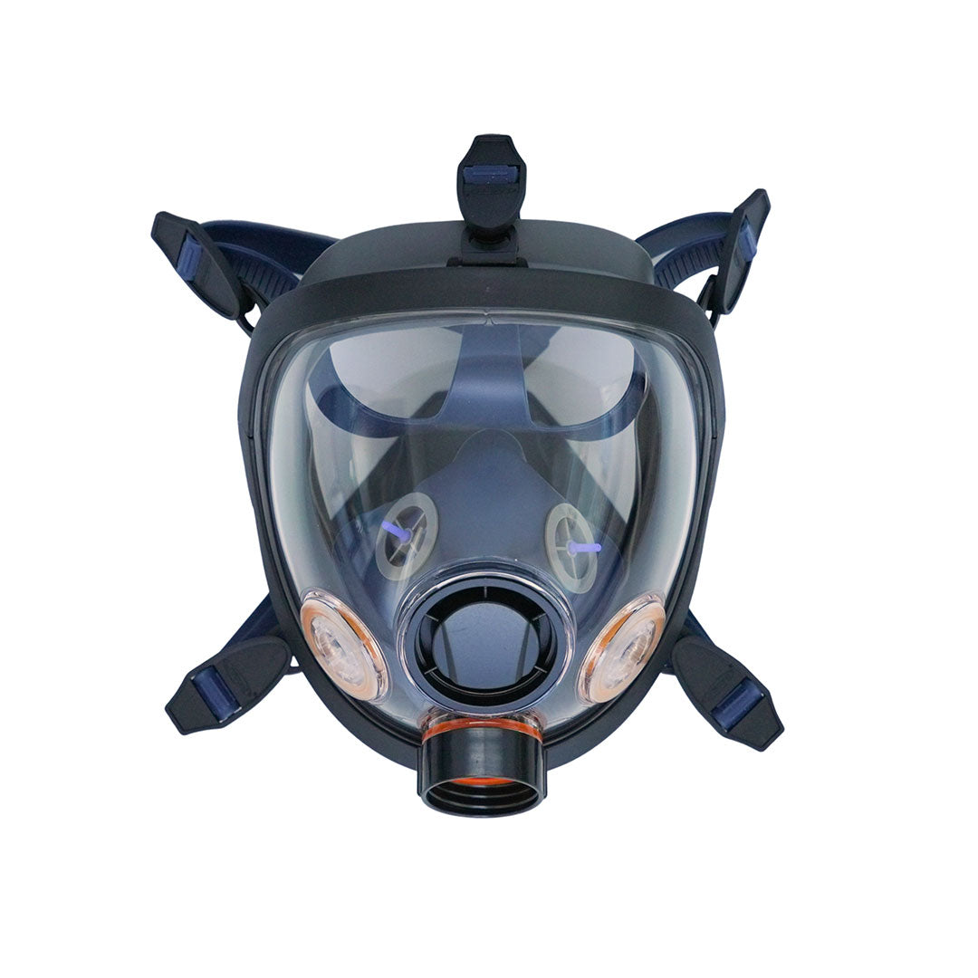 Full-face respirator mask on a white background