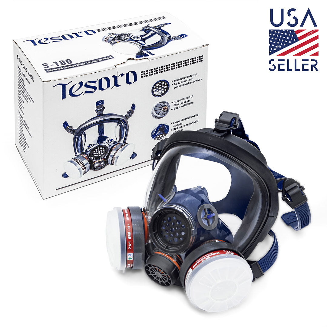 Full-face respirator mask with filter cartridges and Tesoro branded box on a white background.