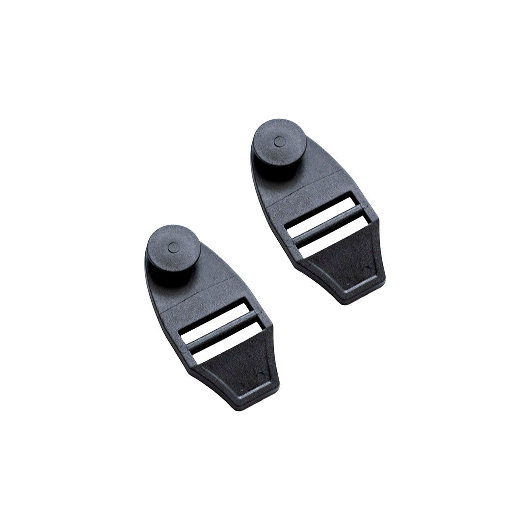 Two black plastic buckles on a white background
