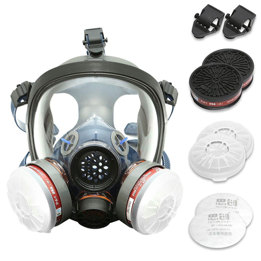 Full-face respirator mask with multiple filter cartridges on a white background