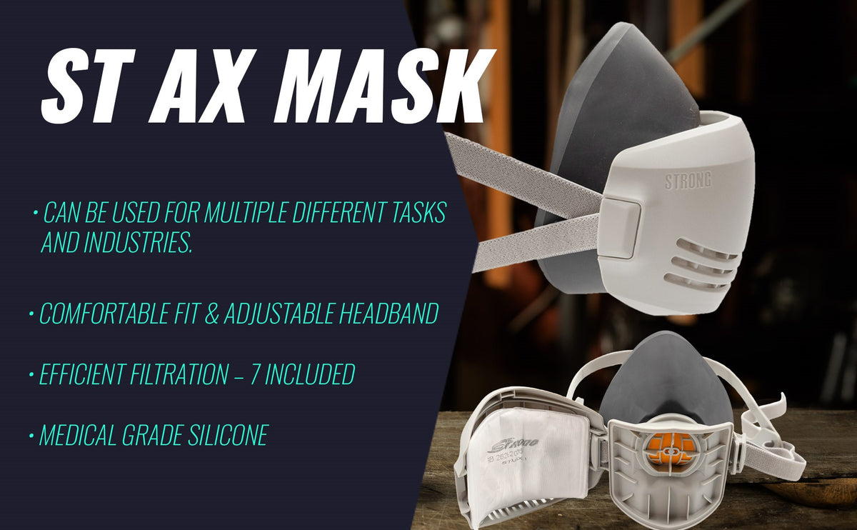 ST AX Mask with features listed on a dark background