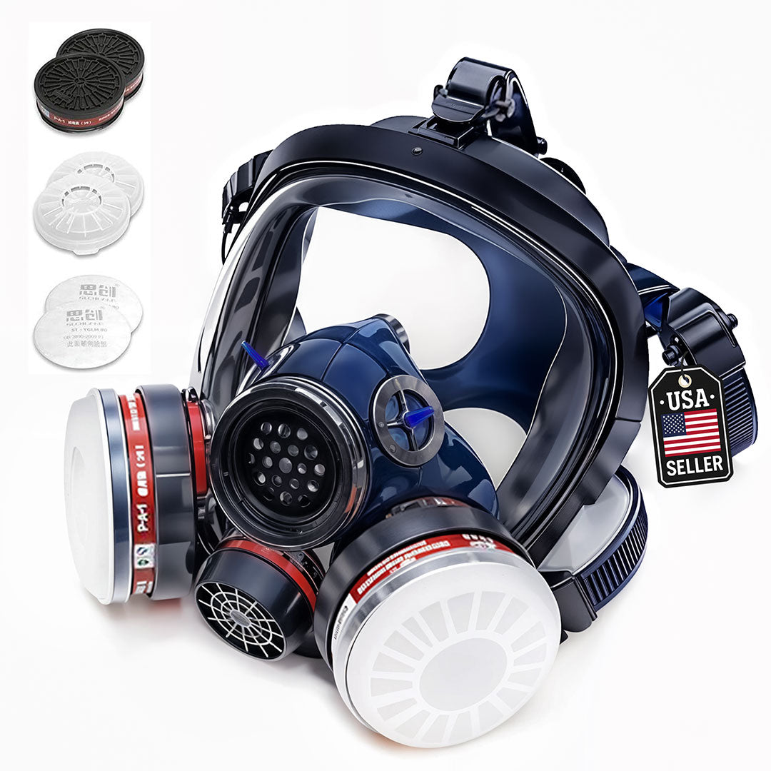 Full-face respirator mask with filters on a white background, featuring 'USA Seller' tag.