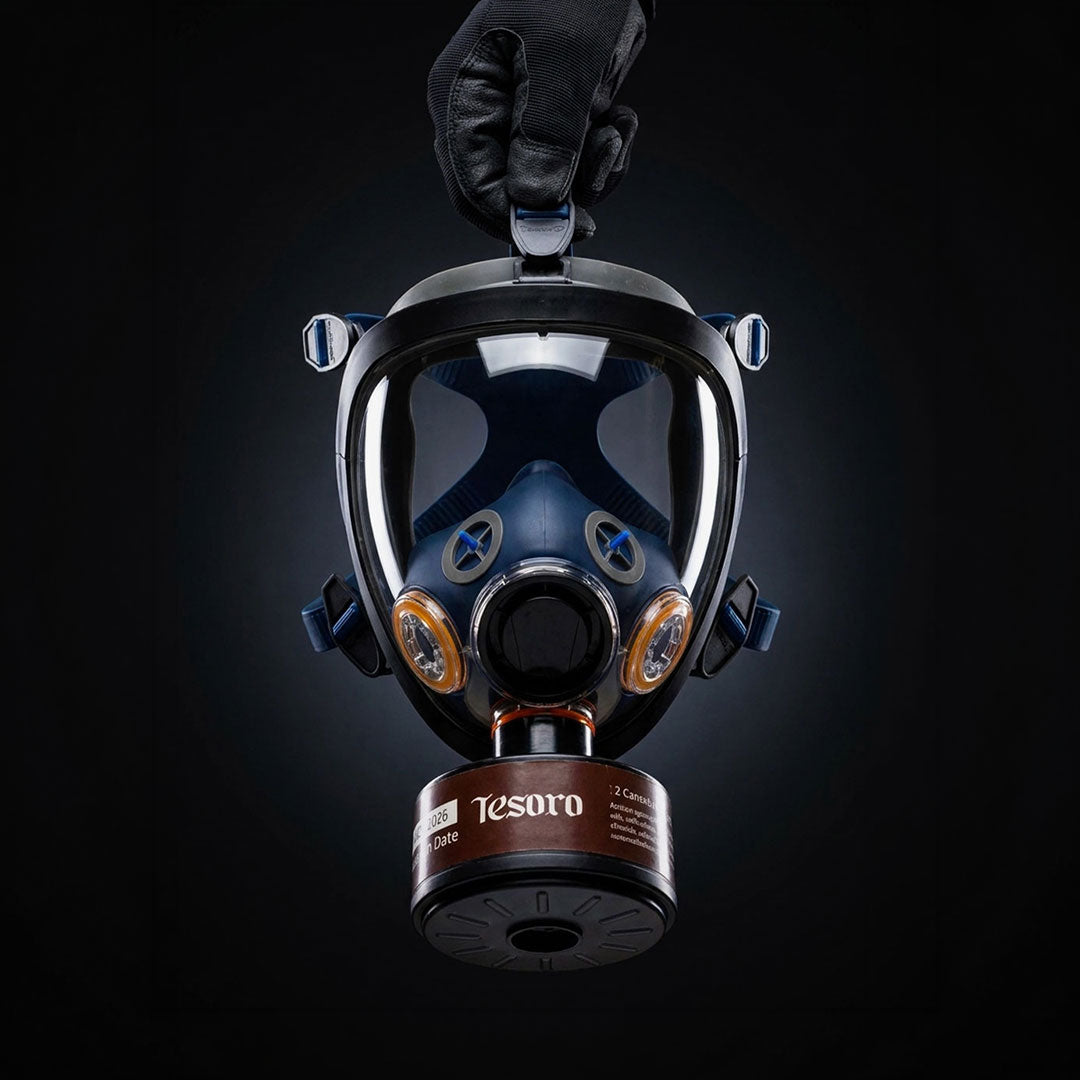 Gas mask with 'Tesoro' branding held by a gloved hand against a black background