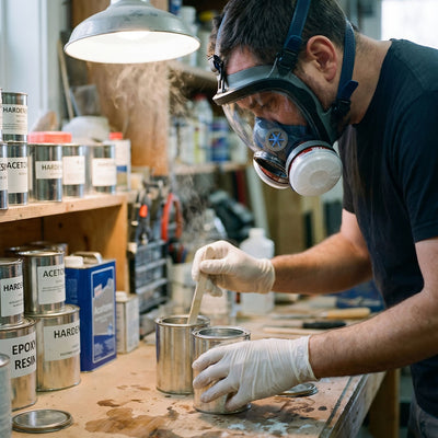 Person working with chemicals in a workshop wearing protective gear.