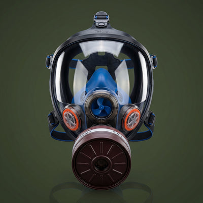 Full-face gas mask with filter on a dark green background