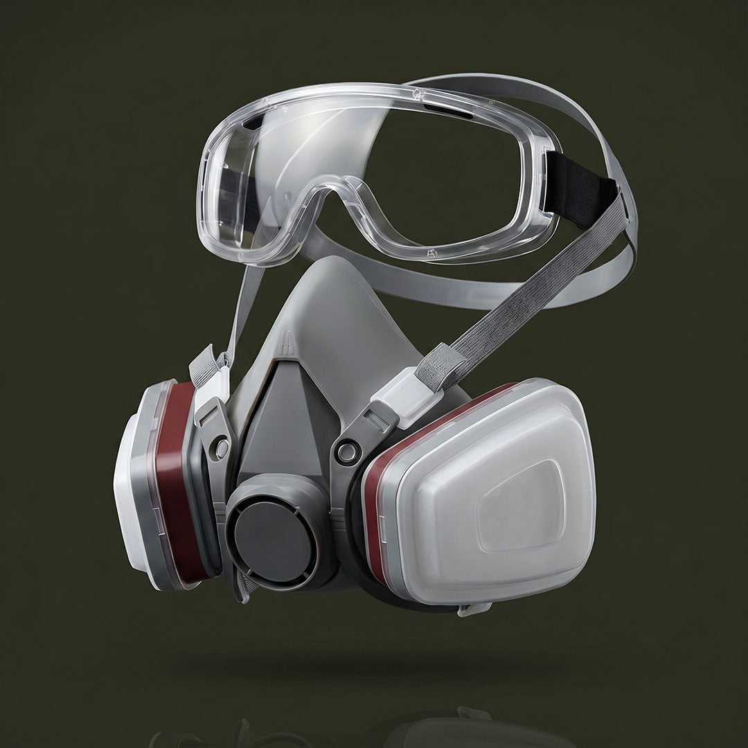 Respirator mask with clear goggles on a dark background
