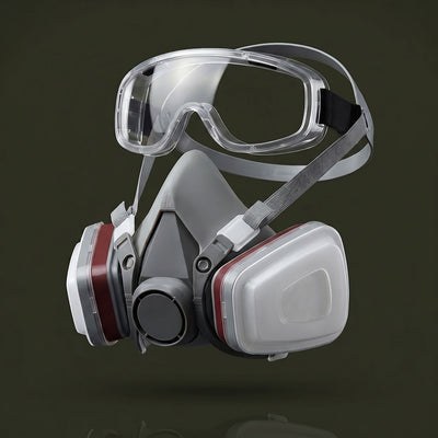 Respirator mask with clear goggles on a dark background