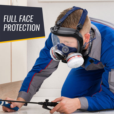 Person wearing a full face protective mask and blue work suit, with text 'FULL FACE PROTECTION'.