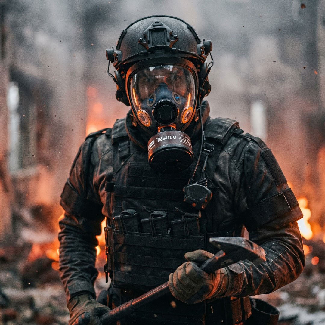 Person in tactical gear with a gas mask in a smoky, fiery environment