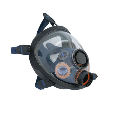 Full-face respirator mask on a white background
