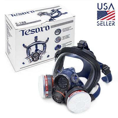 Full-face respirator mask with filter cartridges and Tesoro branded box on a white background.