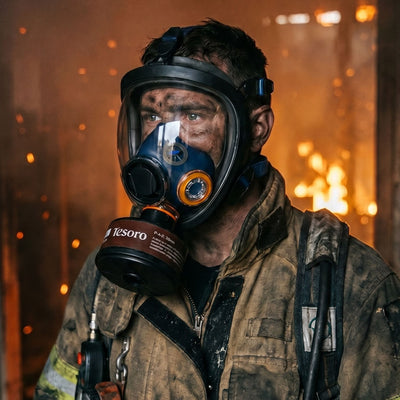 Person wearing a gas mask with a Tesoro label in front of a fiery background