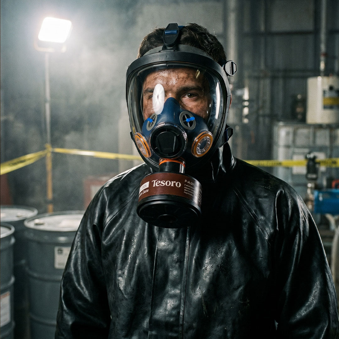 Person wearing a gas mask with 'Tesoro' branding in an industrial setting