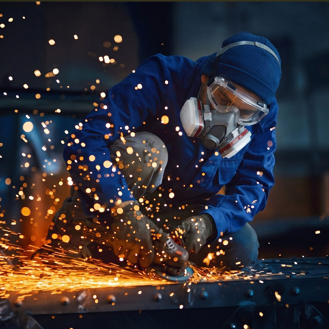 Worker using a grinder with sparks flying in an industrial setting
