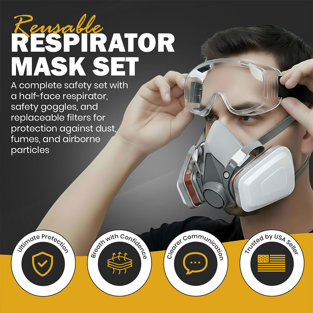 TS-M101 Respirator Mask + Safety Goggle Set – with 10 Replacement Filters