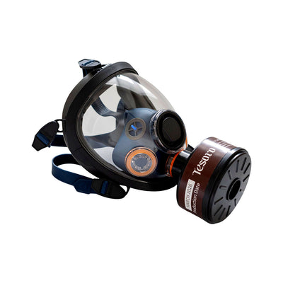 Full-face gas mask with filter on a white background