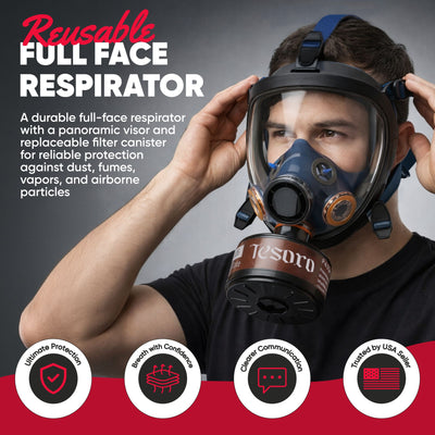 Person wearing a reusable full-face respirator with text highlighting features and branding.