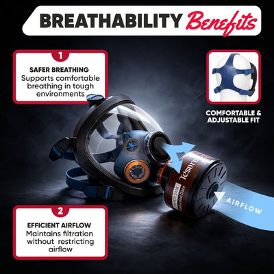 Air filter with text highlighting breathability benefits on a dark background