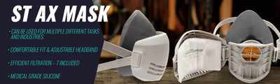 ST AX Mask with features listed on a dark background